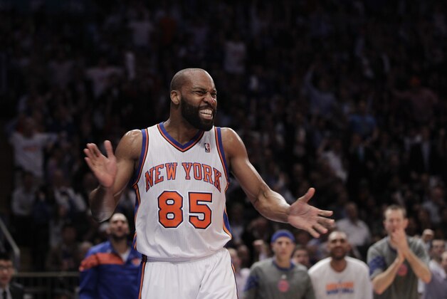 New York Knicks guard Baron Davis reacts during Game 3 of an NBA basketball first-round playoff series against the Miami Heat at Madison Square Garden in New York, Thursday, May 3, 2012.  (AP Photo/Kathy Willens)