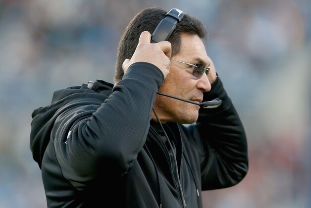 CHARLOTTE, NC - JANUARY 03:  Head coach Ron Rivera of the Carolina Panthers looks on against the Tampa Bay Buccaneers in the 1st quarter during their game at Bank of America Stadium on January 3, 2016 in Charlotte, North Carolina.  (Photo by Streeter Lecka/Getty Images)