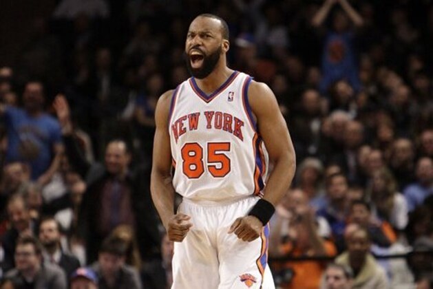New York Knicks' Baron Davis reacts after scoring during the second half of an NBA basketball game against the Milwaukee Bucks in New York, Monday, March 26, 2012. The Knicks beat the Bucks 89-80 (AP Photo/Seth Wenig)