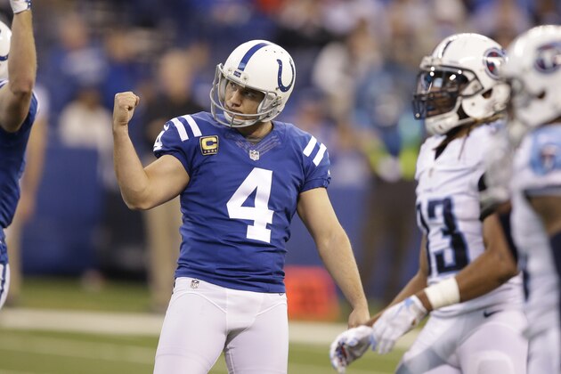 Indianapolis Colts kicker Adam Vinatieri (4) reacts after kicking a field goal against the Tennessee Titans during the first half of an NFL football game in Indianapolis, Sunday, Jan. 3, 2016. (AP Photo/Darron Cummings)