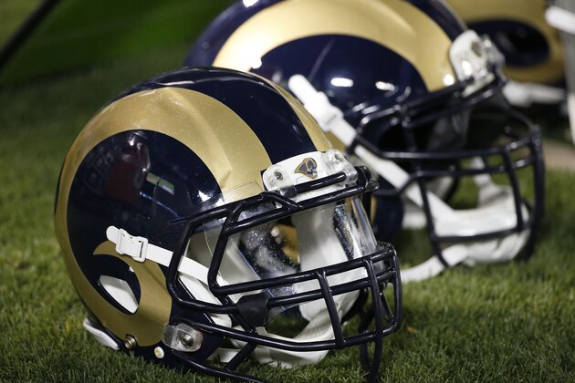 St. Louis Rams helmets are shown during the second half of an NFL preseason football game between the Oakland Raiders and the St. Louis Rams in Oakland, Calif., Friday, Aug. 14, 2015. (AP Photo/Tony Avelar)