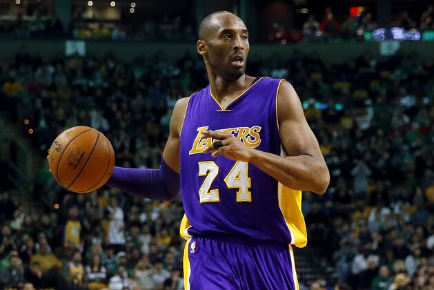 Los Angeles Lakers' Kobe Bryant during the second half of the Los Angeles Lakers 112-104 win over the Boston Celtics in an NBA basketball game in Boston Wednesday, Dec. 30, 2015.(AP Photo/Winslow Townson)
