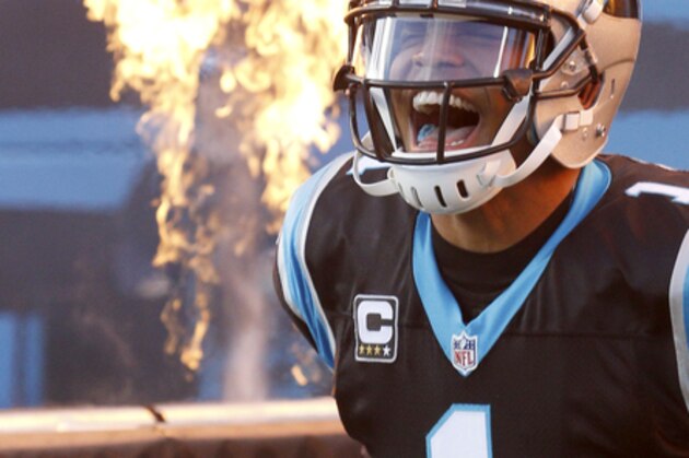The Carolina Panthers' Cam Newton (1) during team introductions before an NFL football game against the Tampa Bay Buccaneers in Charlotte, N.C., Sunday, Jan. 3, 2016. The Panthers won 38-10. (AP Photo/Bob Leverone)