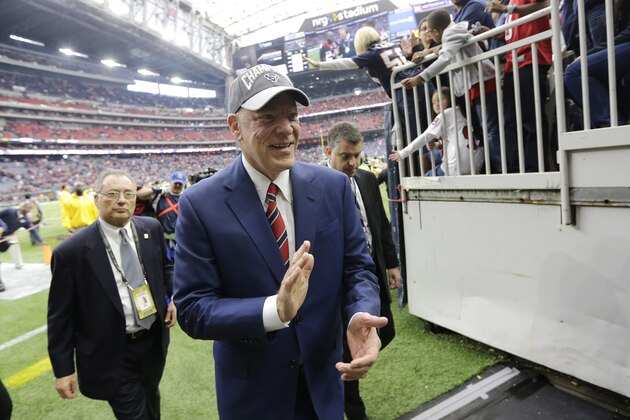 Houston Texans owner Bob McNair, following an NFL football game against the Jacksonville Jaguars,  Sunday, Jan. 3, 2016, in Houston. (AP Photo/David J. Phillip)