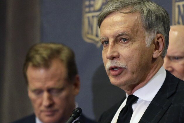 NFL Commissioner Roger Goodell, left, looks down as St. Louis Rams owner Stan Kroenke talks to the media after team owners voted Tuesday, Jan. 12, 2016, in Houston to allow the Rams to move to a new stadium just outside Los Angeles, and the San Diego Chargers will have an option to share the facility. (AP Photo/Pat Sullivan)