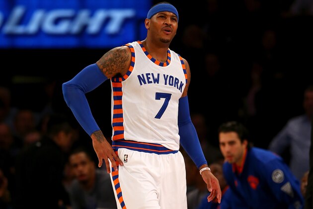 NEW YORK, NY - JANUARY 12: Carmelo Anthony #7 of the New York Knicks reacts after he is called for a foul in the first half against the Boston Celtics at Madison Square Garden on January 12, 2016 in New York City. NOTE TO USER: User expressly acknowledges and agrees that, by downloading and or using this photograph, User is consenting to the terms and conditions of the Getty Images License Agreement. (Photo by Elsa/Getty Images) NEW YORK, NY - JANUARY 12: Carmelo Anthony #7 of the New York Knicks reacts after he is called for a foul in the first half against the Boston Celtics at Madison Square Garden on January 12, 2016 in New York City. NOTE TO USER: User expressly acknowledges and agrees that, by downloading and or using this photograph, User is consenting to the terms and conditions of the Getty Images License Agreement. (Photo by Elsa/Getty Images)