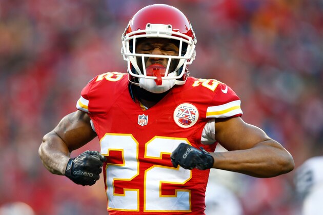 KANSAS CITY, MO - JANUARY 3:  Marcus Peters #22 of the Kansas City Chiefs celebrates after defending against a pass at Arrowhead Stadium during the second quarter of the game agains the Oakland Raiders on January 3, 2016 in Kansas City, Missouri. (Photo by Jamie Squire/Getty Images)