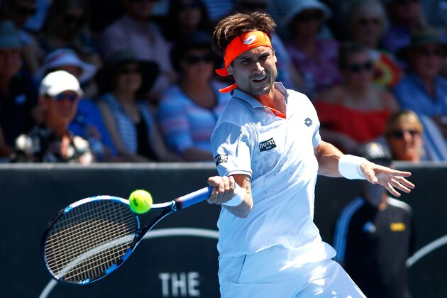 AUCKLAND, NEW ZEALAND - JANUARY 13:  David Ferrer of Spain plays a forehand against Matthew Barton of Australia on Day 3 of the ASB Classic on January 13, 2016 in Auckland, New Zealand.  (Photo by Phil Walter/Getty Images)
