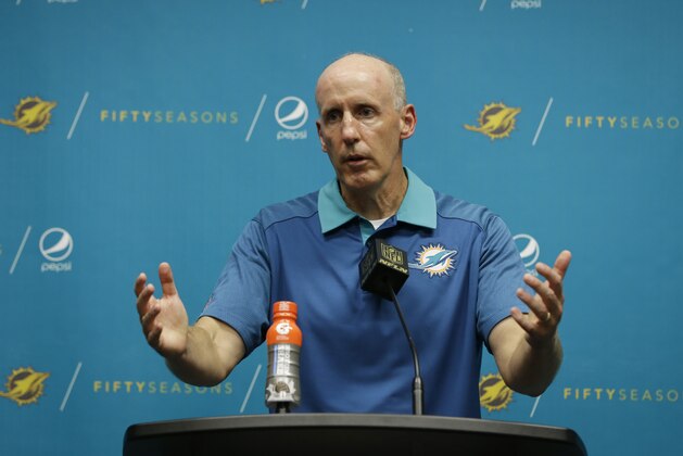 Miami Dolphins head coach Joe Philbin gestures during a post-game news conference after an NFL football game against the Buffalo Bills, Sunday, Sept. 27, 2015 in Miami Gardens,  Fla. The Bills defeated the Dolphins 41-14. (AP Photo/Wilfredo Lee)