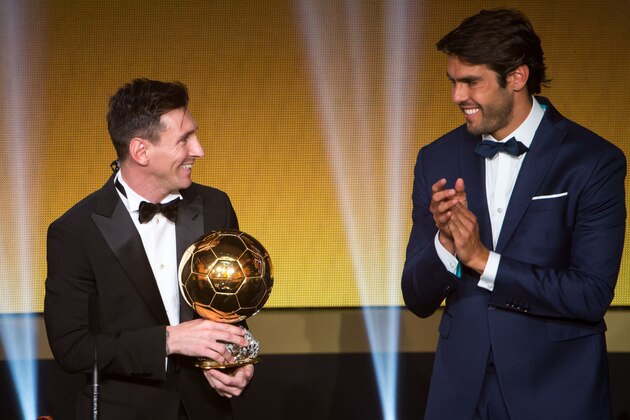 ZURICH, SWITZERLAND - JANUARY 11: FIFA Ballon d'Or winner Lionel Messi of Argentina and FC Barcelona (L) smiles next to Kaka during the FIFA Ballon d'Or Gala 2015 at the Kongresshaus on January 11, 2016 in Zurich, Switzerland. (Photo by Philipp Schmidli/Getty Images)