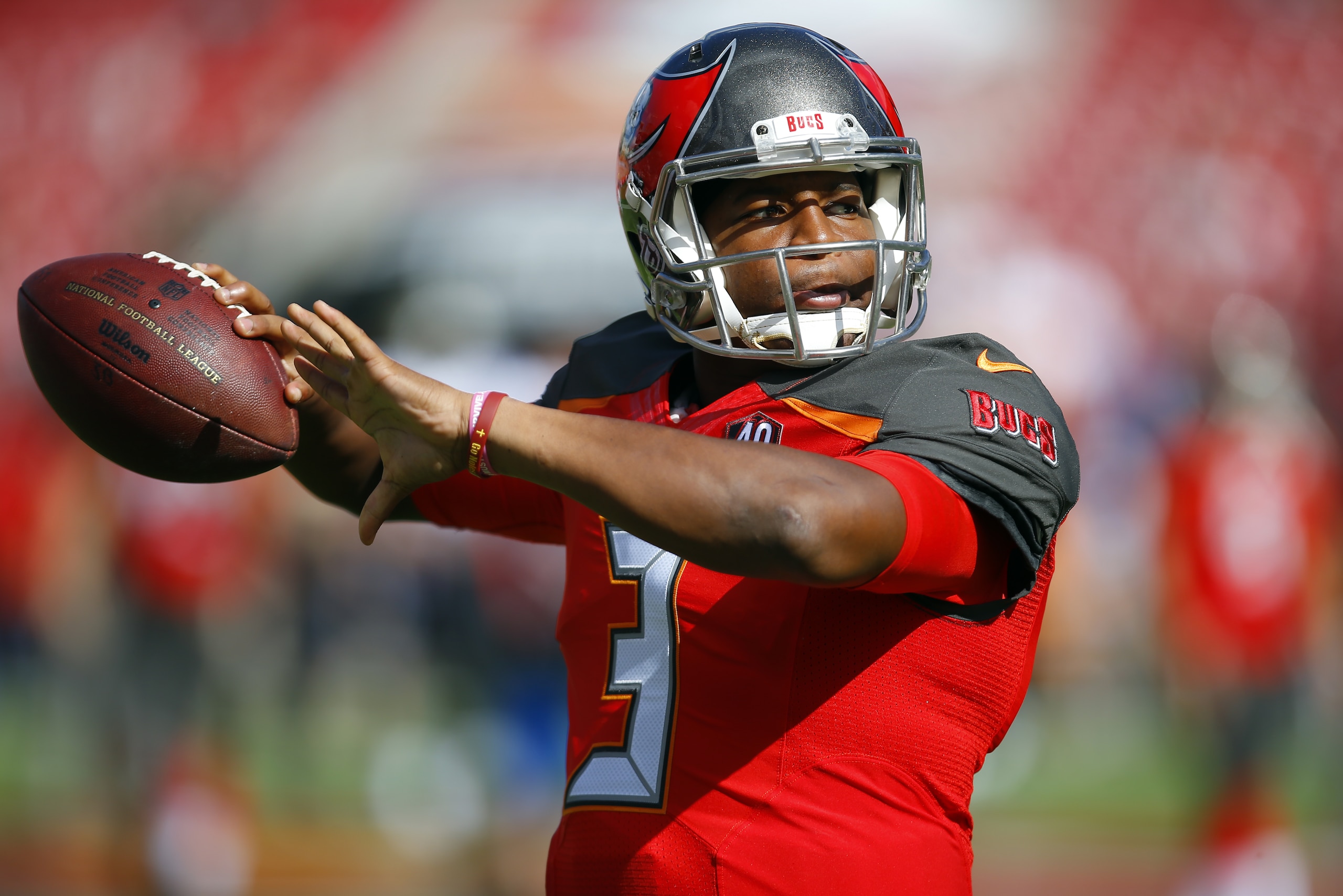 Tampa Bay Buccaneers quarterback Jameis Winston (3) throw a pass in warm-ups before an NFL football game against the New Orleans Saints Sunday, Dec. 13, 2015, in Tampa, Fla.  (Jeff Haynes/AP Images for Panini)