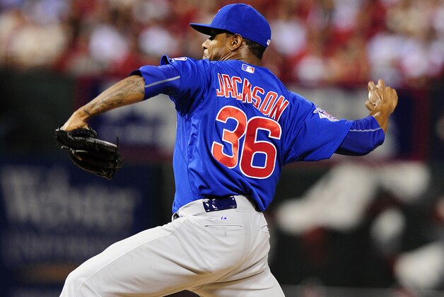May 5, 2015; St. Louis, MO, USA; Chicago Cubs relief pitcher Edwin Jackson (36) throws to a St. Louis Cardinals batter during the sixth inning at Busch Stadium. The Cardinals defeated the Cubs 7-4. Mandatory Credit: Jeff Curry-USA TODAY Sports