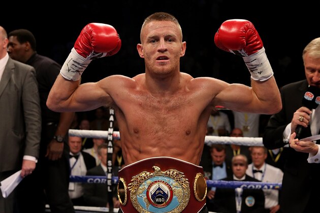 MANCHESTER, ENGLAND - OCTOBER 10:  Terry Flanagan of Great Britain celebrates with the title belt after defeating Diego Magdaleno of The USA in their WBO World Lightweight Championship fight at Manchester Arena on October 10, 2015 in Manchester, England.  (Photo by Ben Hoskins/Getty Images)