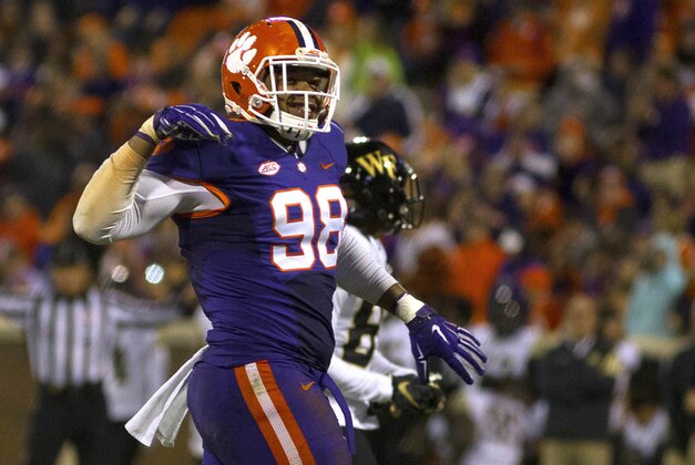Nov 21, 2015; Clemson, SC, USA; Clemson Tigers defensive end Kevin Dodd (98) celebrates after sacking Wake Forest Demon Deacons quarterback John Wolford (10) during the third quarter at Clemson Memorial Stadium. Mandatory Credit: Joshua S. Kelly-USA TODAY Sports