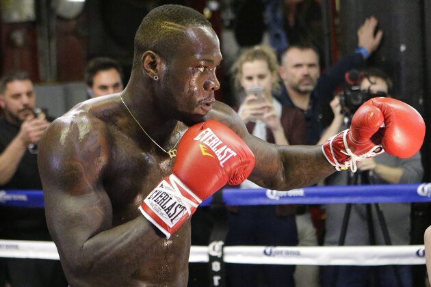 Deontay Wilder works out Tuesday, Jan. 12, 2016, in New York for his WBC heavyweight title boxing bout against Artur Szpilka, of Poland, in New York. (AP Photo/Frank Franklin II)