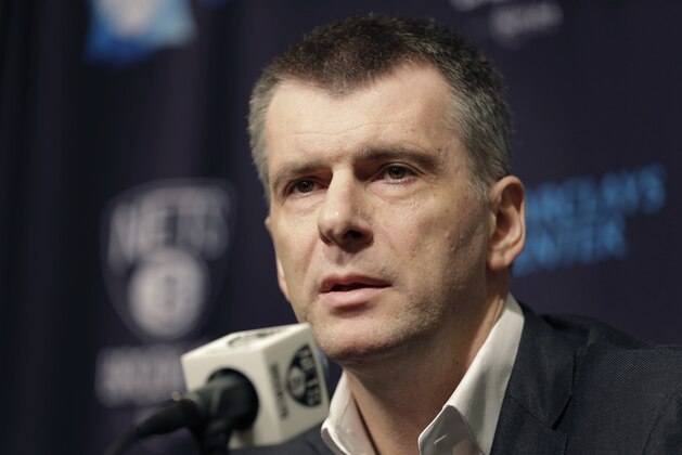 Brooklyn Nets owner Mikhail Prokhorov speaks during an NBA basketball news conference in New York, Monday, Jan. 11, 2016. The Nets reassigned their general manager and fired coach Lionel Hollins on Sunday in the midst of their worst season since moving from New Jersey. (AP Photo/Seth Wenig)