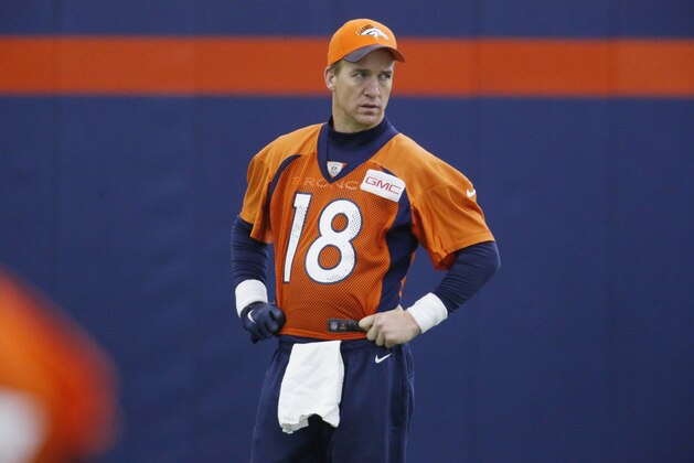 Denver Broncos quarterback Peyton Manning looks on during the team's NFL football practice Friday, Jan. 8, 2016, in Englewood, Colo. (AP Photo/David Zalubowski)