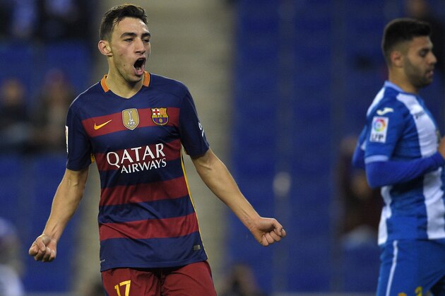 Barcelona's forward Munir El Haddadi celebrates after scoring a goal during the Spanish Copa del Rey (King's Cup) round of 16 second leg football match RCD Espanyol vs FC Barcelona at Cornella-El Prat stadium in Cornella near Barcelona, on January 13, 2016. AFP PHOTO/ LLUIS GENE / AFP / LLUIS GENE        (Photo credit should read LLUIS GENE/AFP/Getty Images)