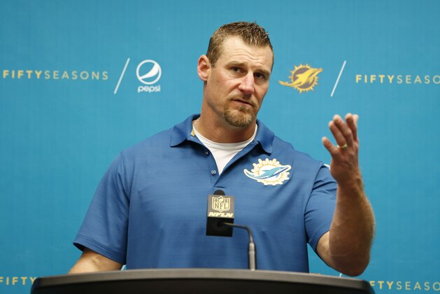 Miami Dolphins interim head coach Dan Campbell speaks during a post game news conference after defeating the Baltimore Ravens 15-13,  Sunday, Dec. 6, 2015, in Miami Gardens, Fla.  (AP Photo/Wilfredo Lee)
