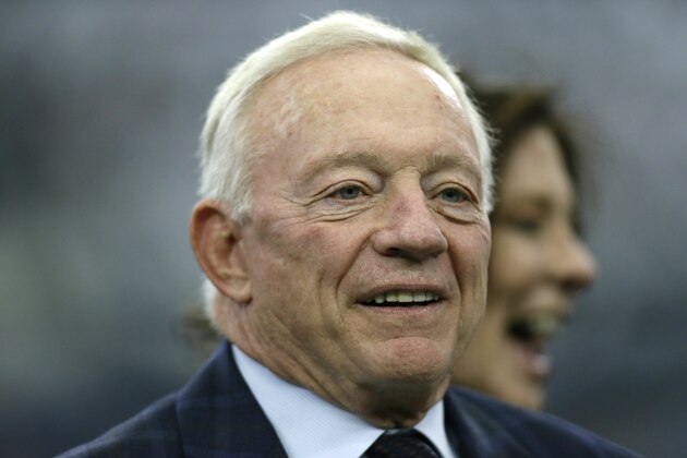 Dallas Cowboys team owner Jerry Jones stands on the field before an NFL football game against the Washington Redskins on Sunday, Jan. 3, 2016, in Arlington , Texas. (AP Photo/Tim Sharp)
