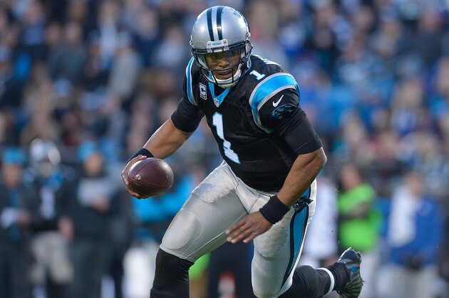 CHARLOTTE, NC - JANUARY 03:  Cam Newton #1 of the Carolina Panthers against the Tampa Bay Buccaneers during their game at Bank of America Stadium on January 3, 2016 in Charlotte, North Carolina. The Panthers won 38-10 to clinch home field advantage for the playoffs.  (Photo by Grant Halverson/Getty Images)