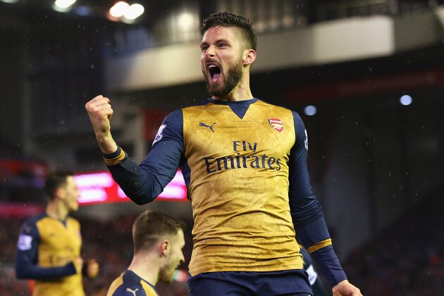 LIVERPOOL, ENGLAND - JANUARY 13:  Olivier Giroud of Arsenal celebrates scoring his team's third goal during the Barclays Premier League match between Liverpool and Arsenal at Anfield on January 13, 2016 in Liverpool, England.  (Photo by Alex Livesey/Getty Images)