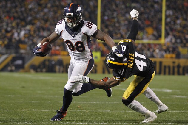 PITTSBURGH, PA - DECEMBER 20:  Demaryius Thomas #88 of the Denver Broncos in action during the game against Antwon Blake #41 of the Pittsburgh Steelers on December 20, 2015 at Heinz Field in Pittsburgh, Pennsylvania.  (Photo by Justin K. Aller/Getty Images)