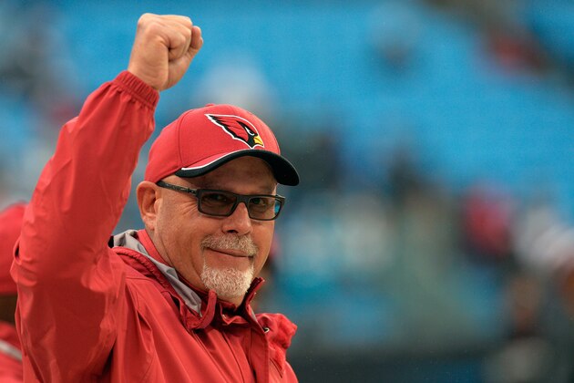 CHARLOTTE, NC - JANUARY 03:  Bruce Arians, head coach of the Arizona Cardinals, looks on prior to their NFC Wild Card Playoff game against the Carolina Panthers at Bank of America Stadium on January 3, 2015 in Charlotte, North Carolina.  (Photo by Grant Halverson/Getty Images)