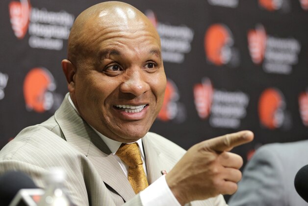 Cleveland Browns head coach Hue Jackson answers questions during a news conference, Wednesday, Jan. 13, 2016, in Berea, Ohio. Jackson, who waited four years for his second crack at leading an NFL team, has been hired as Cleveland's next coach. (AP Photo/Tony Dejak)
