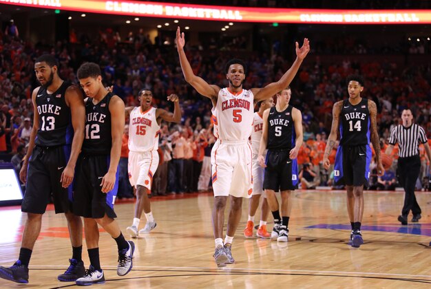 Jan 13, 2016; Greenville, SC, USA; Clemson Tigers forward Jaron Blossomgame (5)
celebrates at the end of the buzzer against the Duke Blue Devils in the second half at Bon Secours Wellness Arena. The Tigers won 68-63. Mandatory Credit: Dawson Powers-USA TODAY Sports Jan 13, 2016; Greenville, SC, USA; Clemson Tigers forward Jaron Blossomgame (5)
celebrates at the end of the buzzer against the Duke Blue Devils in the second half at Bon Secours Wellness Arena. The Tigers won 68-63. Mandatory Credit: Dawson Powers-USA TODAY Sports