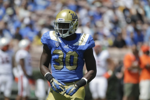 UCLA linebacker Myles Jack stands on the field during the first half of an NCAA college football game against Virginia at Rose Bowl, Saturday, Sept. 5, 2015, in Pasadena, Calif. (AP Photo/Jae C. Hong)