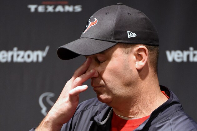 Houston Texans head coach Bill O'Brien talks to the media following an NFL wild-card playoff football game against the Kansas City Chiefs,  Saturday, Jan. 9, 2016, in Houston. Kansas City won 30-0. (AP Photo/Eric Christian Smith)