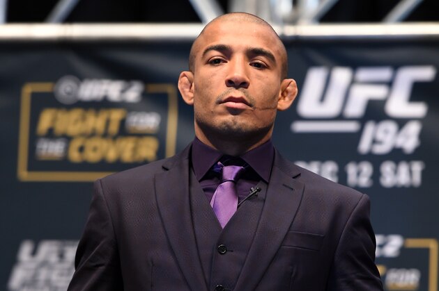 LAS VEGAS, NV - DECEMBER 09:  Jose Aldo of Brazil poses for photos during the UFC Press Conference inside MGM Grand Garden Arena on December 9, 2015 in Las Vegas, Nevada.  (Photo by Josh Hedges/Zuffa LLC/Zuffa LLC via Getty Images)