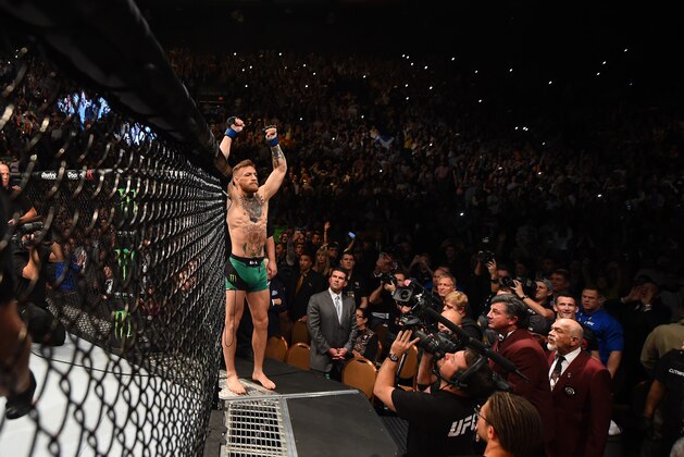 LAS VEGAS, NV - DECEMBER 12:  Conor McGregor of Ireland prepares to face Jose Aldo of Brazil in their UFC welterweight championship bout during the UFC 194 event inside MGM Grand Garden Arena on December 12, 2015 in Las Vegas, Nevada.  (Photo by Josh Hedges/Zuffa LLC/Zuffa LLC via Getty Images)