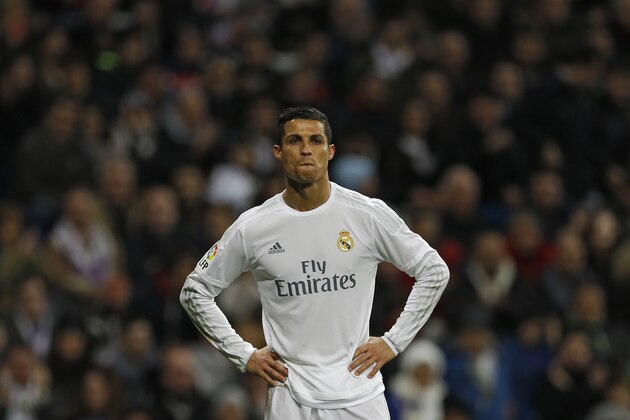 Real Madrid's Cristiano Ronaldo reacts after missing a chance during a Spanish La Liga soccer match between Real Madrid and Deportivo Coruna at the Santiago Bernabeu stadium in Madrid, Saturday, Jan. 9, 2016. Real Madrid won 5-0. (AP Photo/Francisco Seco)