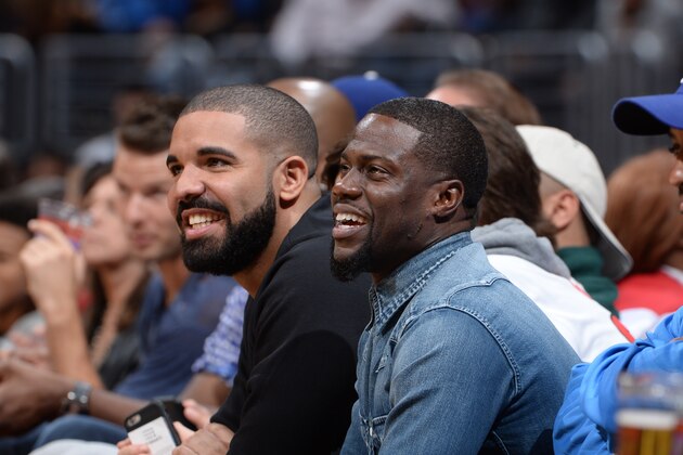 LOS ANGELES, CA - NOVEMBER 7:  Drake and Kevin Hart enjoy watching the game of Los Angeles Clippers against the Houston Rockets on November 7, 2015 at STAPLES Center in Los Angeles, California. NOTE TO USER: User expressly acknowledges and agrees that, by downloading and/or using this Photograph, user is consenting to the terms and conditions of the Getty Images License Agreement. Mandatory Copyright Notice: Copyright 2015 NBAE (Photo by Andrew D. Bernstein/NBAE via Getty Images)