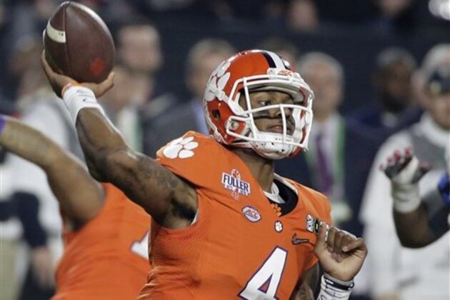 Clemson quarterback Deshaun Watson throws during the first half of the NCAA college football playoff championship game against Alabama Monday, Jan. 11, 2016, in Glendale, Ariz. (AP Photo/Chris Carlson) Clemson quarterback Deshaun Watson throws during the first half of the NCAA college football playoff championship game against Alabama Monday, Jan. 11, 2016, in Glendale, Ariz. (AP Photo/Chris Carlson)