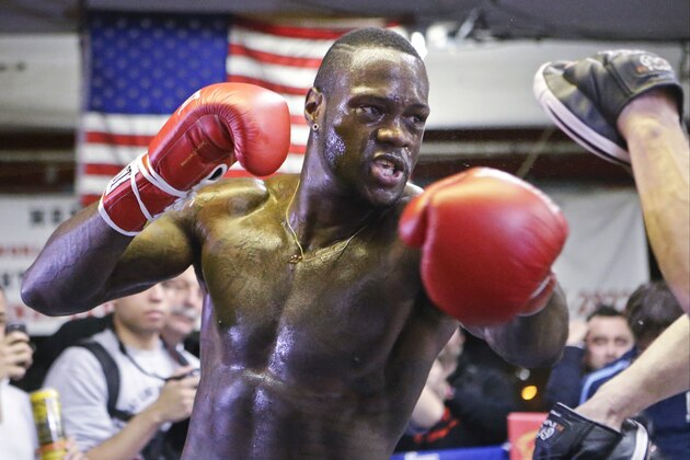 Deontay Wilder works out before an upcoming WBC World heavyweight title boxing match Artur Szpilka, of Poland, Tuesday, Jan. 12, 2016, in New York. (AP Photo/Frank Franklin II)
