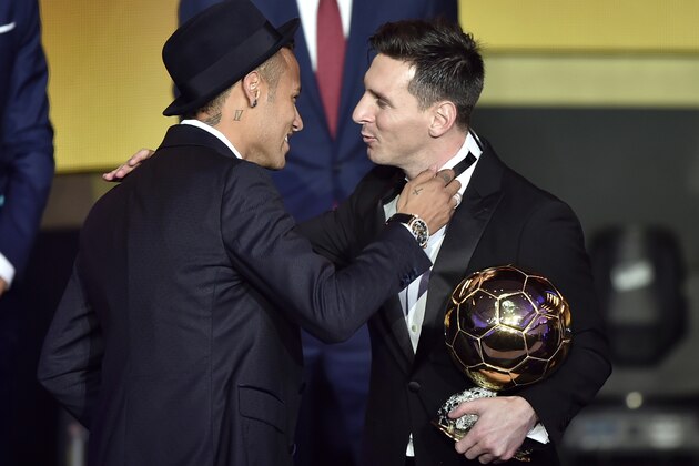 FC Barcelona and Argentina's forward  Lionel Messi (R) embraces FC Barcelona and Brazils forward  Neymar after receiving the 2015 FIFA Ballon dOr award for player of the year during the 2015 FIFA Ballon d'Or award ceremony at the Kongresshaus in Zurich on January 11, 2016. AFP PHOTO / FABRICE COFFRINI / AFP / FABRICE COFFRINI        (Photo credit should read FABRICE COFFRINI/AFP/Getty Images)