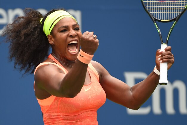 Sep 11, 2015; New York, NY, USA; Serena Williams of the USA celebrates a winner against  Roberta Vinci of Italy in the 3rd set on day twelve of the 2015 U.S. Open tennis tournament at USTA Billie Jean King National Tennis Center. Mandatory Credit: Robert Deutsch-USA TODAY Sports