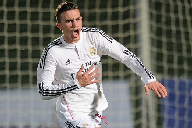 MADRID, SPAIN - FEBRUARY 17:  Borja Mayoral of Real Madrid celebrates after scoring Real's opening goal during the UEFA Youth League Round of 16 match between Real Madrid and FC Porto at Estadio Alfredo Di Stefano on February 17, 2015 in Madrid, Spain.  (Photo by Denis Doyle/Getty Images)