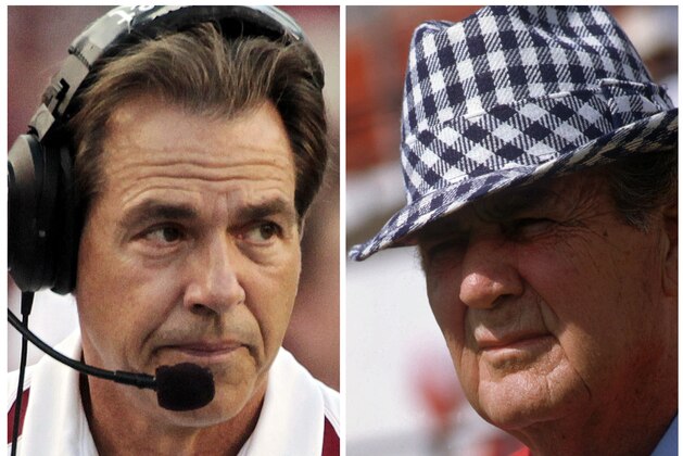 ADVANCE FOR WEEKEND EDITIONS, AUG. 10-11 - FILE - In this combo of file photos, Alabama coach Nick Saban, left, watches during an NCAA college football game in Tuscaloosa, Ala., in a Sept. 4, 2010, file photo. Alabama coach Paul