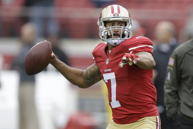 San Francisco 49ers quarterback Colin Kaepernick (7) warms up before an NFL football game against the Atlanta Falcons in Santa Clara, Calif., Sunday, Nov. 8, 2015. (AP Photo/Ben Margot)