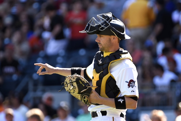 Pittsburgh Pirates catcher Chris Stewart gestures to the Mound during a baseball game against the San Francisco Giants, Saturday, Aug. 22, 2015, in Pittsburgh.  (AP Photo/Fred Vuich)