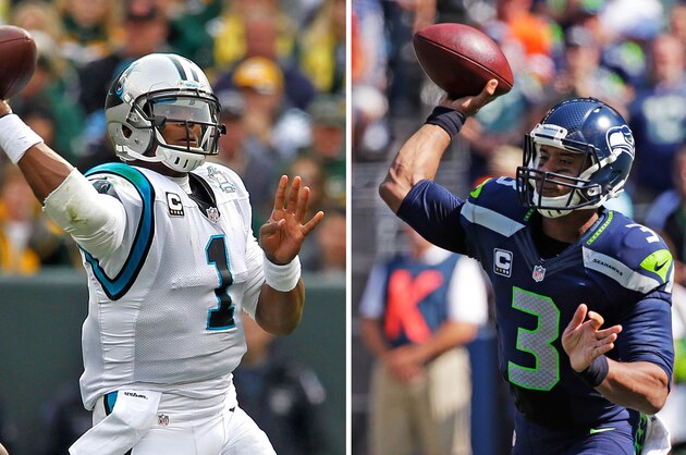 FILE - At left, in an Oct. 19, 2014, file photo, Carolina Panthers quarterback Cam Newton passes against the Green Bay Packers during an NFL football game  in Green Bay, Wisc. Ar tight, in a Sept. 21, 2014, file photo, Seattle Seahawks quarterback Russell Wilson passes during the first half an NFL football game against the Denver Broncos in Seattle. There will be no talk about “game managers” for the rest of these NFL playoffs, or quarterbacks who are still in the hunt solely because they’re surrounded by a great defense or running game. Quite simply, the eight signal callers still chasing the Super Bowl have pedigree.(AP Photo/File)