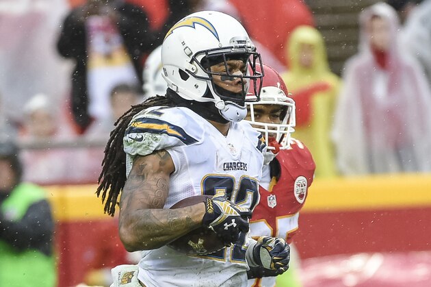 San Diego Chargers cornerback Jason Verrett (22) celebrates the interception of against the Kansas City Chiefs during the first half of their NFL football game in Kansas City, Mo., Sunday, Dec. 13, 2015. (AP Photo/Reed Hoffmann)