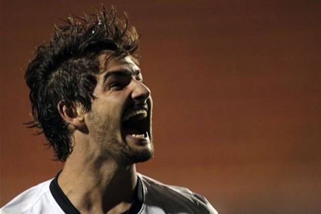 Brazil's Corinthians' Alexandre Pato celebrates after scoring against Colombia's Millonarios during a Copa Libertadores soccer match in Sao Paulo, Brazil, Wednesday, Feb. 27, 2013.  (AP Photo/Andre Penner)