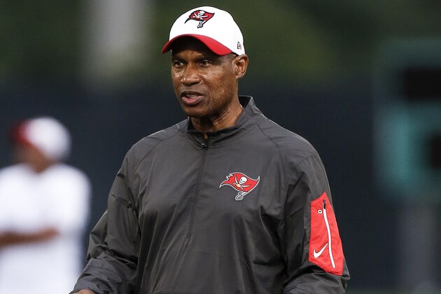 TAMPA, FL - AUGUST 1: Defensive Coordinator Leslie Frazier of the Tampa Bay Buccaneers works out during the first day of Training Camp at the University of South Florida on August 1, 2015 in Tampa, Florida. (Photo by Don Juan Moore/Getty Images)