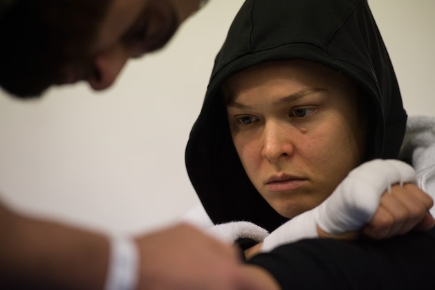 MELBOURNE, AUSTRALIA - NOVEMBER 15:  UFC women's bantamweight champion Ronda Rousey of the United States gets her hands wrapped before facing Holly Holm of the United States during the UFC 193 event at Etihad Stadium on November 15, 2015 in Melbourne, Australia.  (Photo by Brandon Magnus/Zuffa LLC/Zuffa LLC via Getty Images)