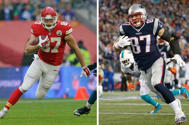 FILE - At left, in a Nov. 1, 2015, file photo, Kansas City Chiefs tight end Travis Kelce (87) run with the ball against the Detroit Lions, at Wembley Stadium in London. At right, in an Oct. 29, 2015, file photo, New England Patriots tight end Rob Gronkowski (87) rushes to the end zone for a touchdown in the first half an NFL football game against the Miami Dolphins, in Foxborough, Mass. The Patriots' Rob Gronkowski and Chiefs' Travis Kelce won't face each other on Saturday. Not exactly. But the two tight ends will have some bragging rights on the line as the best tight end in the game. (AP Photo/File)
